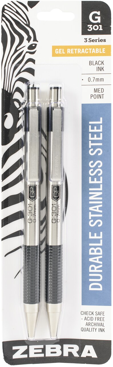 Zebra G301 Stainless Steel Gel Retractable Pens .7mm 2/Pkg-Medium Point, Black Ink